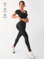 Daily&Casual Women's Sportswear Set For Yoga, Running, Exercise, Outdoors Featuring Square Neck, Short Sleeve Top & V-Waist Leggings