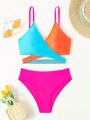 Teen Girls' Color Block Crisscross Design Bikini Swimsuit Set
