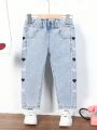 Young Girls' Distressed Stretch Denim Pants With Heart Embroidery