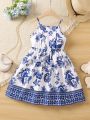 SHEIN Kids KDOMO Young Girl Blue & White Style Floral Printed Spaghetti Strap Summer Dress