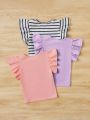 SHEIN Kids EVRYDAY Young Girls' Casual Comfortable Pure Color T-Shirt With Striped Ruffle Trim Three-Piece Set