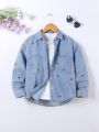 Teenage Girls' Vintage College Style Cute Flower Embroidery Loose Comfortable Soft Light Blue Denim Shirt With Pocket, Washed Finish