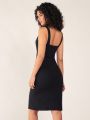 SHEIN BASICS Women'S Solid Color Slim Fit Dress With Front Slit