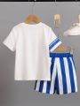 SHEIN Kids EVRYDAY Young Boy Letter Print Short Sleeve T-Shirt And Striped Shorts 2pcs/Set