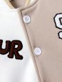 Girls' Color Block Baseball Jacket With Letter Embroidery For Tween
