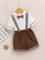 SHEIN Baby Boy's Casual Knitted Short Sleeve Polo Shirt With Color Block Necktie And Plaid Suspenders Shorts Outfit