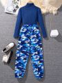 SHEIN Kids HYPEME Girls' Solid Color Stand Collar Top & Camouflage Pants Set, For (Big) Kids