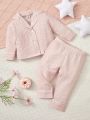 Baby Girls' Pink Textured Fabric Long Sleeved Top And Long Pants Homewear Set With Cute Star Pattern And Lapel Collar