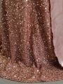 Teenage Girls' Color Block Sequin Embellished Side Slit Maxi Dress With Spaghetti Straps, Great For Evening Party, Birthday Party, Performance