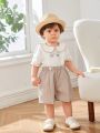 SHEIN Baby Boy's Doll Collar Car Pattern Sweatshirt And Casual Shorts 2pcs/Set