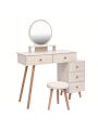 OSQI Makeup Vanity Table with Cushioned Stool, Large Capacity Storage Cabinet, 5 Drawers, Large Round Mirror, Fasionable Makeup Furniture (31.5