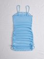 SHEIN Kids EVRYDAY Tween Girls' Knitted Solid Color Spaghetti Strap Dress With Ruched Waist For Slim Fit And Casual Look