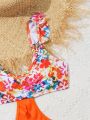 Tween Girl Floral Printed Monokini With Waist Cut Outs
