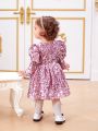 SHEIN Baby Girls' Gorgeous Beaded Pattern Puff Sleeves Bubble Hem Long Sleeve Dress, Formal Attire