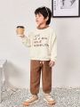 SHEIN Kids EVRYDAY Young Boy Slogan Embroidery Drop Shoulder Teddy Pullover & Pants