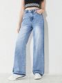 Big Girls' Fashionable Vintage Frayed Edge Water Wash Straight Leg Slim Jeans For Casual