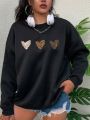 Plus Leopard & Heart Print Drop Shoulder Sweatshirt