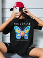 Teen Girls' Butterfly & Slogan Print Drop Shoulder Short Sleeve T-Shirt
