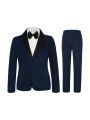SHEIN 1set Tween Boys' Contrast Shawl Collar Single Button Suit Jacket, Pants And Bow Tie Set