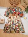 SHEIN Kids Nujoom Little Girls' Printed V-Neck Mid-Length Dress