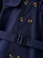 Baby Boy British Style Casual Belt Trench Coat With Double Breasted Buttons Design, Suitable For Outdoor Photography