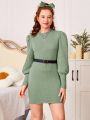 Teen Girls' Knitted Jacquard Stand Collar Slim Fit Dress With Lantern Sleeves, Belt Not Included