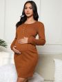 SHEIN Solid Color Ribbed Knit Maternity Nursing Dress