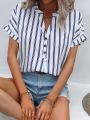 SHEIN LUNE Striped Print Half Button Batwing Sleeve Blouse