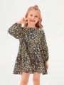 SHEIN Kids SUNSHNE Little Girls' Floral Print Woven Ruffle Hem Dress With Round Neckline
