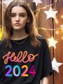 Teen Girls' Casual Short Sleeve T-Shirt With New Year 2024 Print, Suitable For Summer