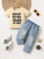Baby Boy Glasses & Letter Graphic Tee & Ripped Frayed Bleach Wash Jeans