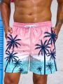 Manfinity Swimmode Men's Tropical Plant Printed Drawstring Summer Beach Shorts