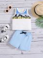 SHEIN Baby Boy Coconut Tree Printed Tank Top And Shorts Casual Vacation Outfit Set