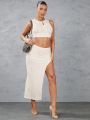 SHEIN BAE Solid Color Tight Knit Vest And High Slit Knit Bodycon Skirt Outfit For Summer Streetwear