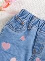 SHEIN Baby Girl's Cute Y2k Style Love Heart Embroidered Jeans In Light Wash Blue