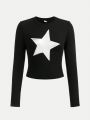 SHEIN Teenage Girls' Knitted Solid Color Star Pattern Round Neck Casual T-shirt