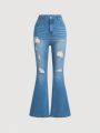 SHEIN Teen Girls' Casual High Waist Slim Fit Distressed Flared Jeans