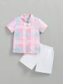 SHEIN Kids EVRYDAY 2pcs/Set Young Boys' Casual Sports Street Style Dopamine Colorful Plaid Pattern White Turn-Down Collar Short Sleeve Shirt And White Shorts, Suitable For Daily Life, School, Travel, Party, Spring And Summer