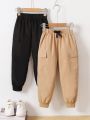 SHEIN Kids EVRYDAY Spring & Autumn Elastic Waist With Drawstring Mock Workwear Pocketed Long Pants 2pcs/set