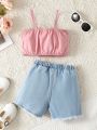 Baby Girl's Summer Casual & Holiday Elegant Big Bow Tie Cami Top & Heart Embroidery Denim Shorts 2pcs/Set