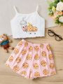 SHEIN Tween Girl's Knitted Milk & Cookie Printed Cami Top And Wide-Leg Casual Shorts Pajama Set