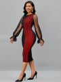 SHEIN Lady Women's Mesh Ruffle Sleeve Striped Bodycon Dress