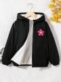 SHEIN Tween Girl 1pc Floral Patched Teddy Lined Hooded Jacket