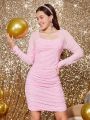 Teen Girl Square Neck Ruched Sequin Detail Dress
