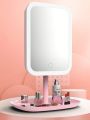 1pc Led Lighted Square Plastic Desktop Beauty & Makeup Mirror With 3 Light Colors, Foldable Base And Storage Function