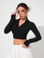 SHEIN Yoga Basic Solid Color Zipper Front Thumb Hole Cropped Athletic Jacket