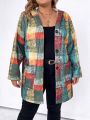 SHEIN LUNE Plus Size Color Block Grid Pattern Hooded Casual Woolen Coat