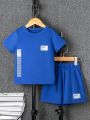 SHEIN Kids EVRYDAY Little Boys' Alphabet Patched Short Sleeve T-Shirt And Shorts Set