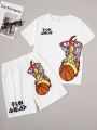 SHEIN Kids SPRTY Tween Boys' Loose Fit Basketball Print Round Neck Short Sleeve T-Shirt And Shorts Set