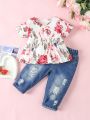 Baby Girls' Floral Print Short Sleeve T-Shirt And Pants Casual Simple Comfortable Outfit